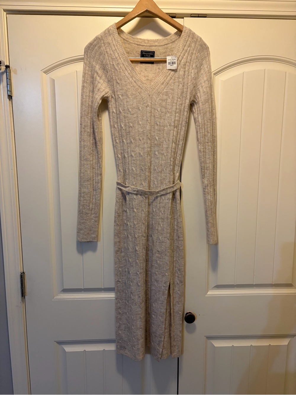 Abercrombie & Fitch Cream Cable-Knit Long Sleeve V-Neck Dress with Waist Tie